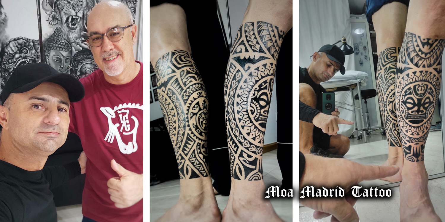 Tatuaje maorí con sol y tortuga en la pierna. Reseña ★★★★★ en Google de Rául