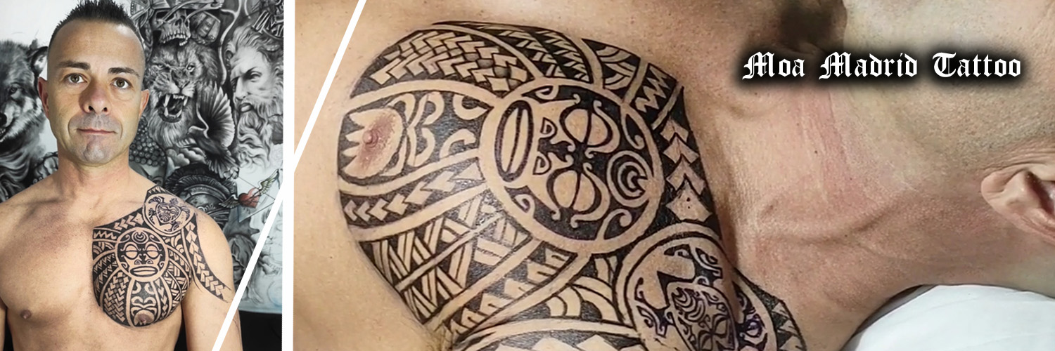 Novedades Moa Madrid Tattoo - Diseño de tatuaje maorí en pectoral y brazo con sol y tortuga