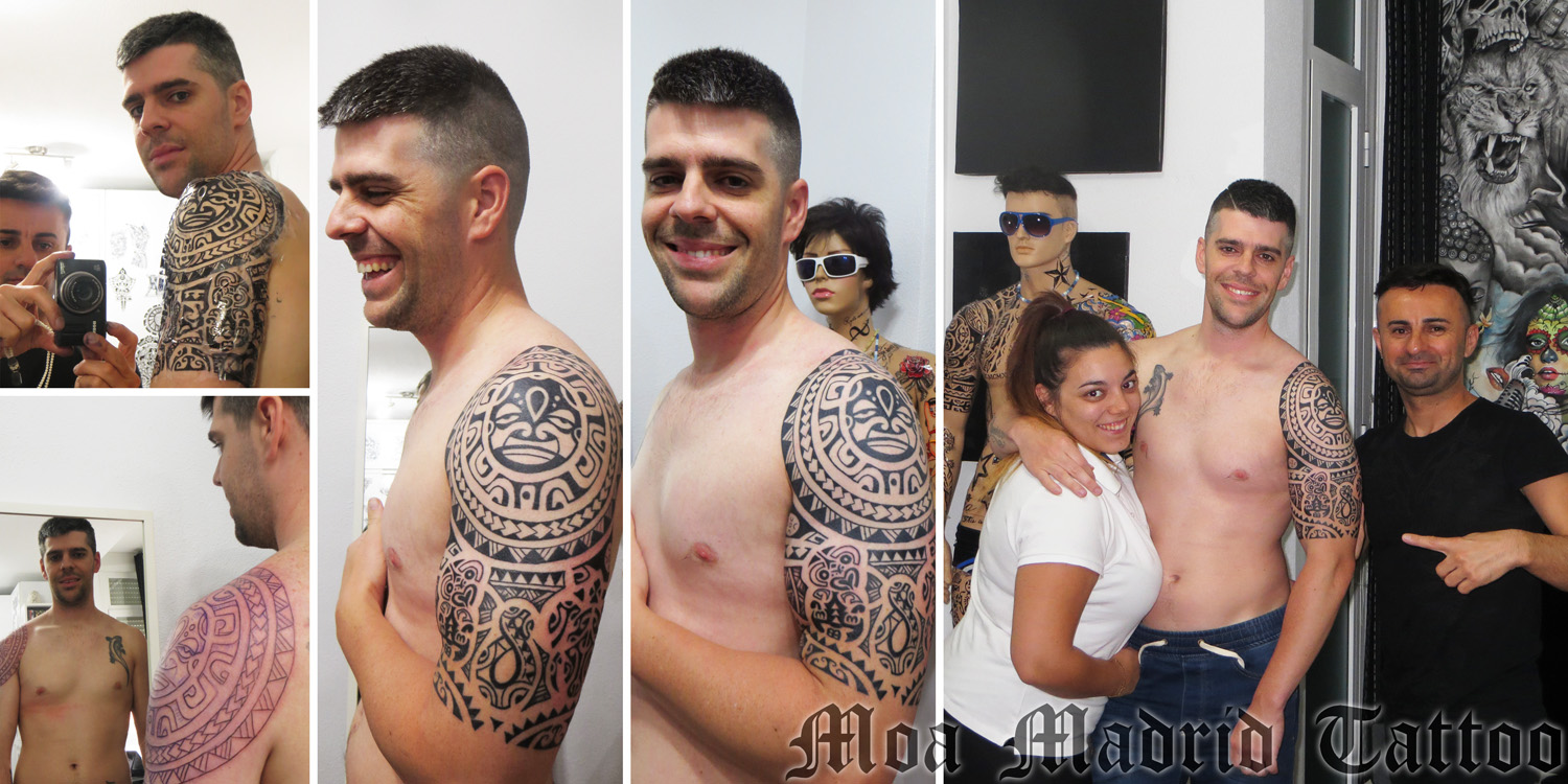 Tatuaje maorí con sol, tiki, pikorua y tortuga en Madrid: sesión de diseño, sesión de líneas y tattoo terminado