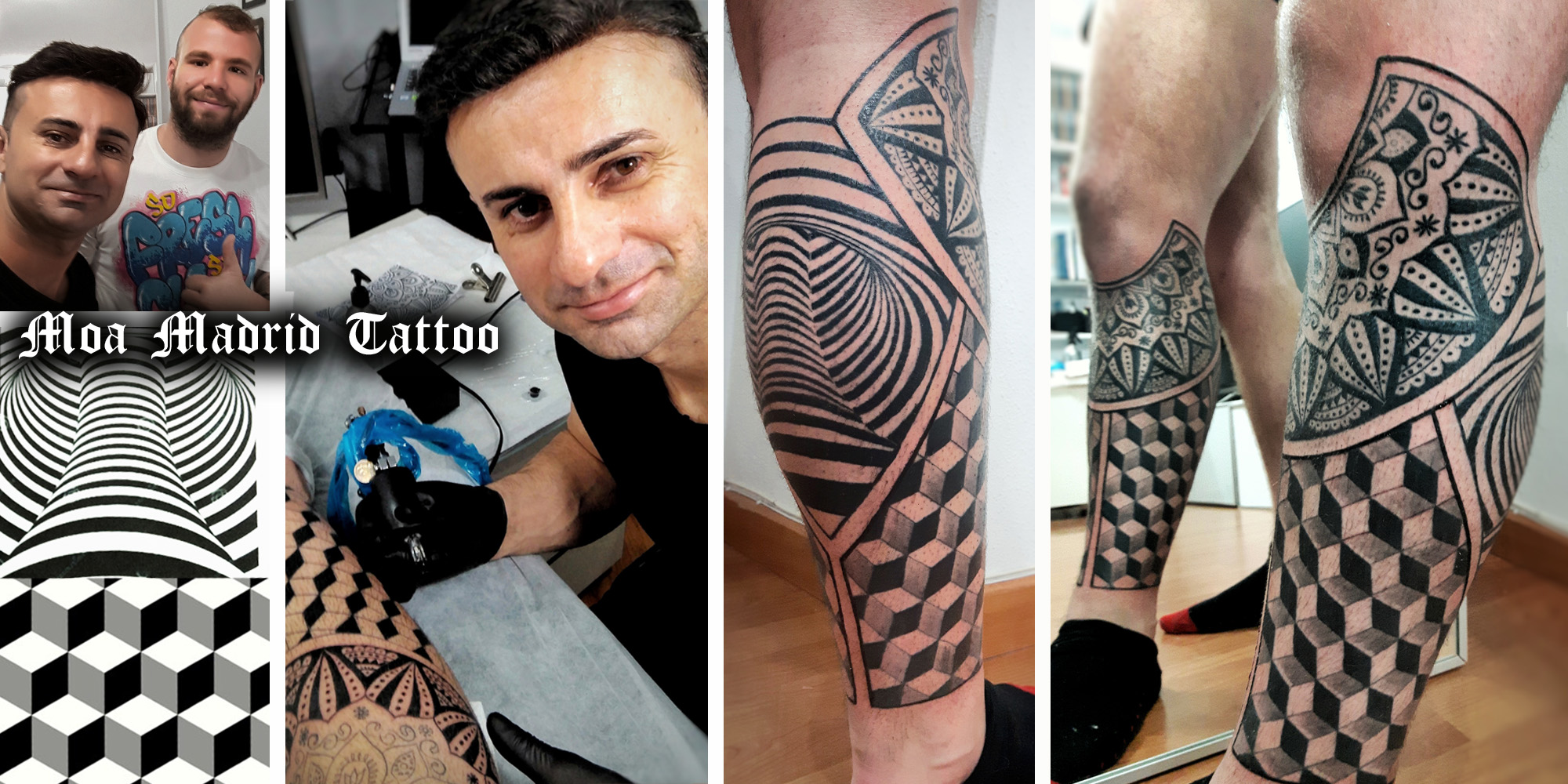 Exclusivo diseño de tatuaje geométrico con cubos 3D, op-art y mandala en la pierna
