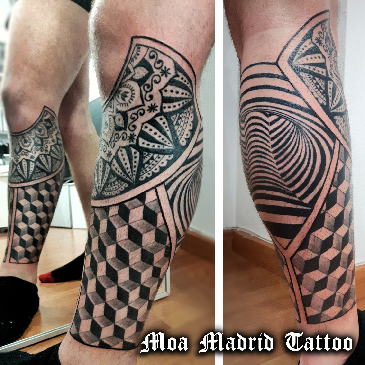 Tatuajes geométricos, op-art y mandala en este diseño completo de tattoo rodeando la pierna