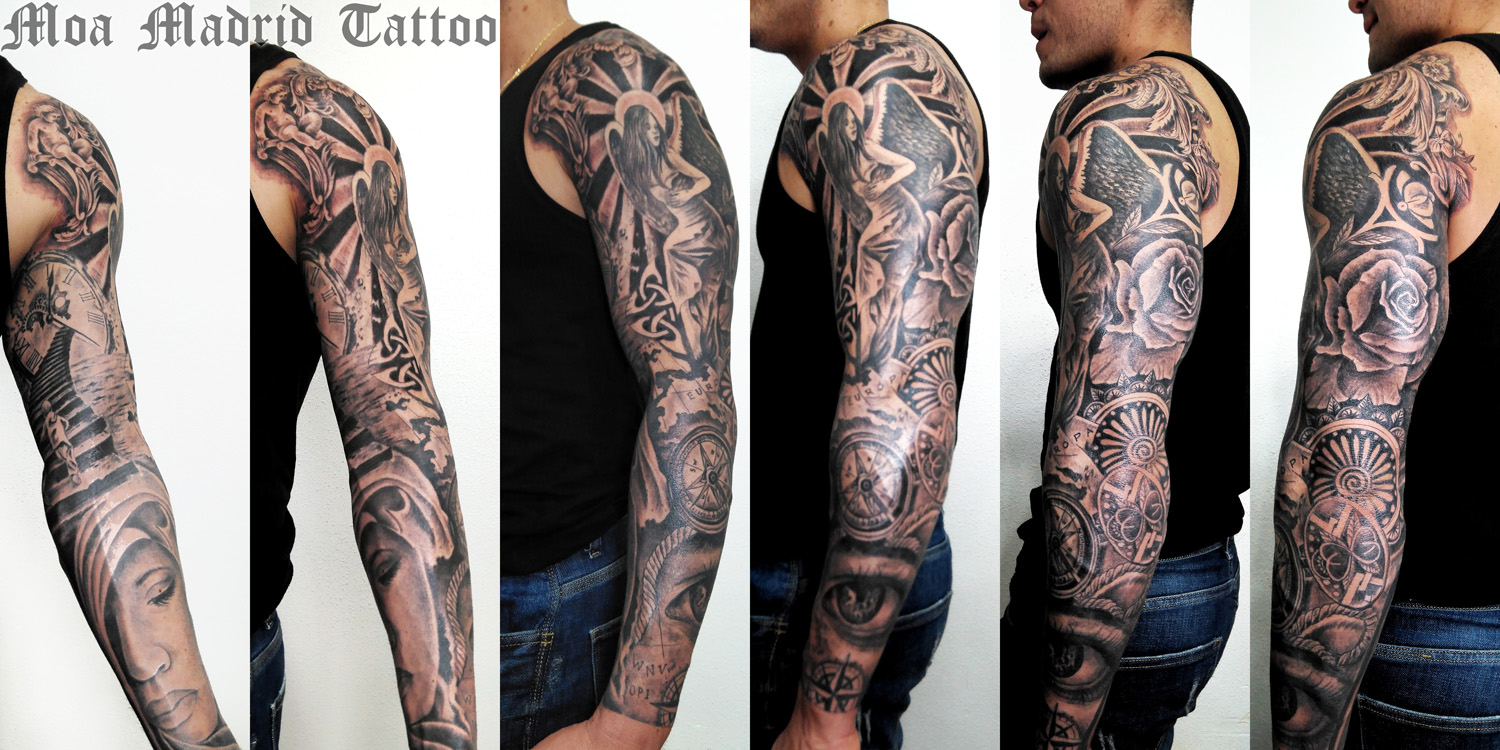 Brazo completo de tatuajes en realismo, de hombro a muñeca