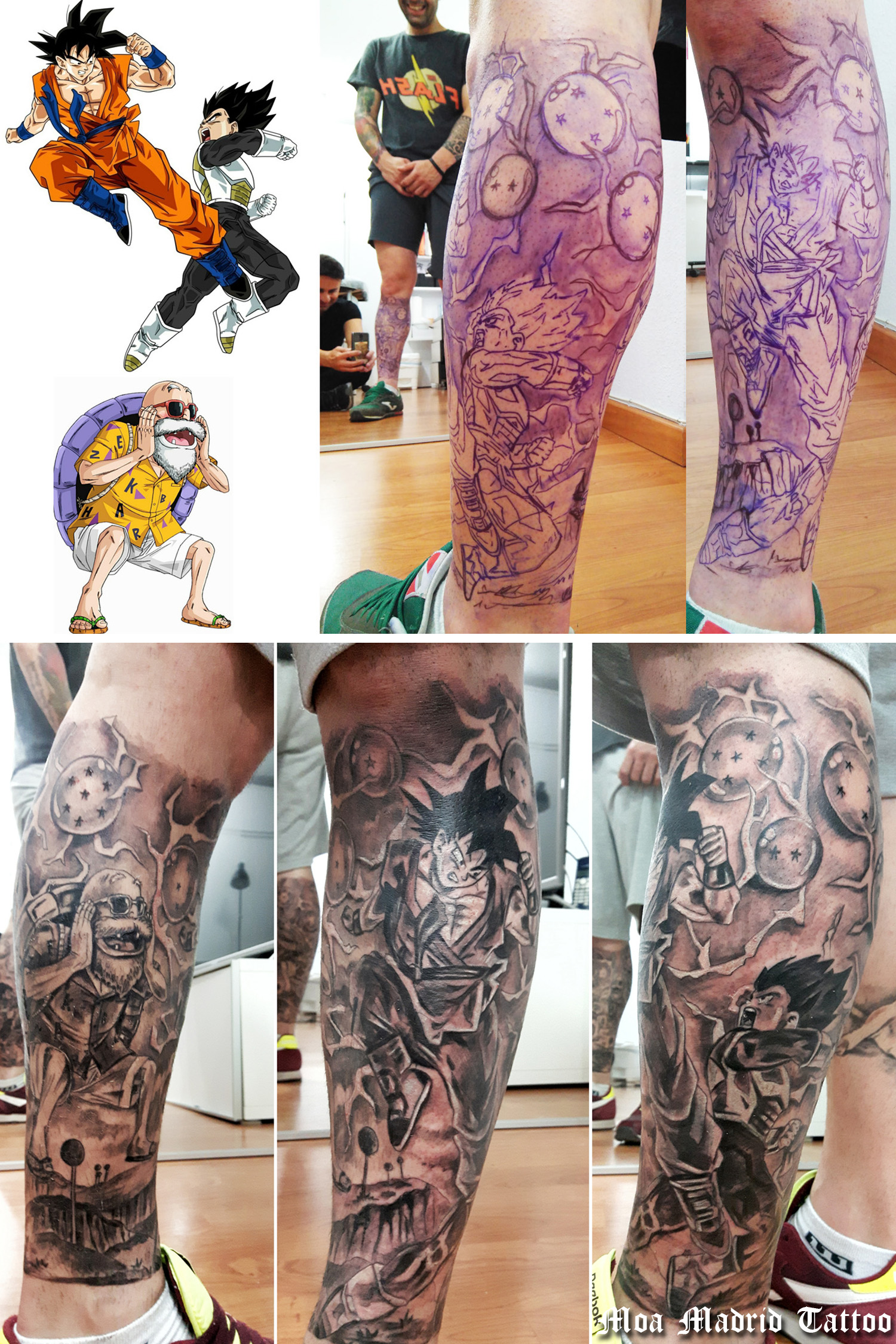 Prueba de diseño y tatuaje de Bola de Dragón rodeando la pierna de rodilla a tobillo