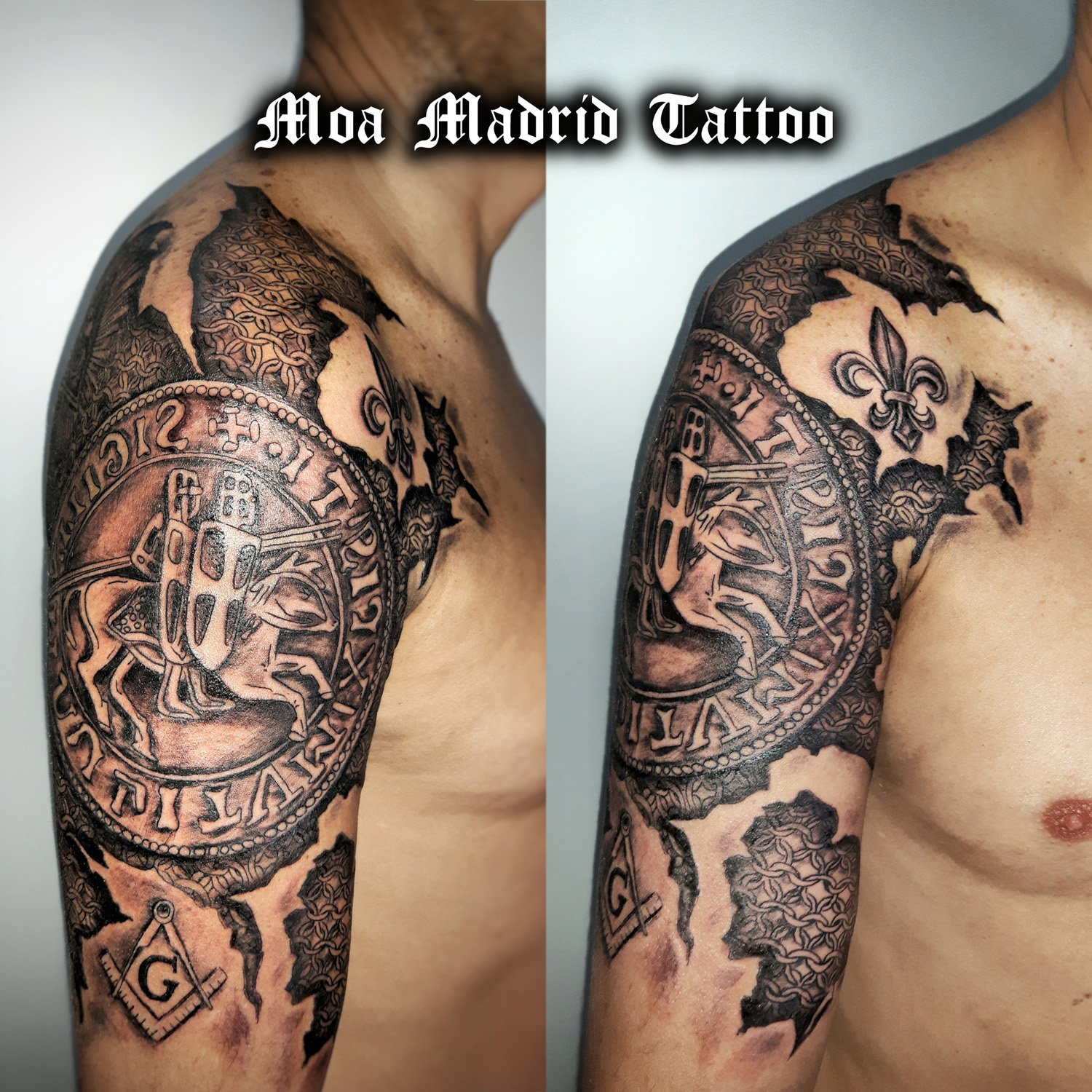 El sello de los Caballeros Templarios junto con varios símbolos más en este tattoo diseño exclusivo