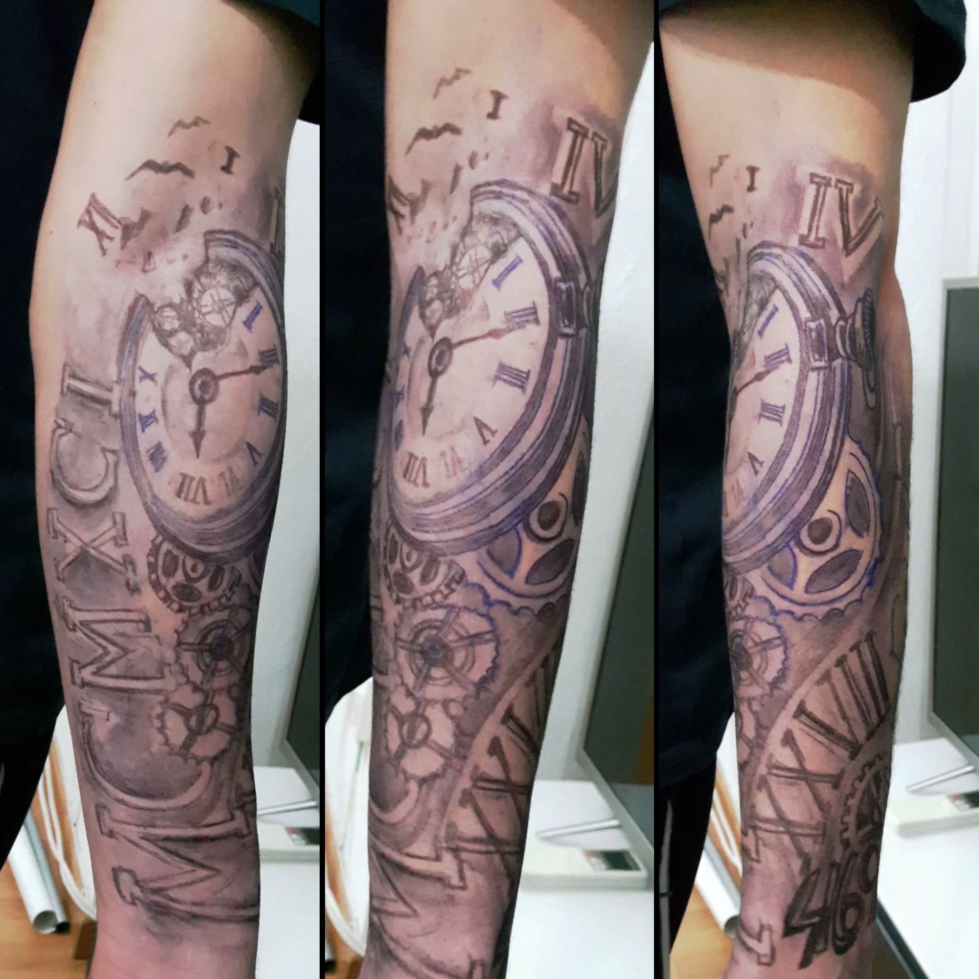 Diseño dibujado directamente en la piel de tatuaje de reloj y fechas en números romanos