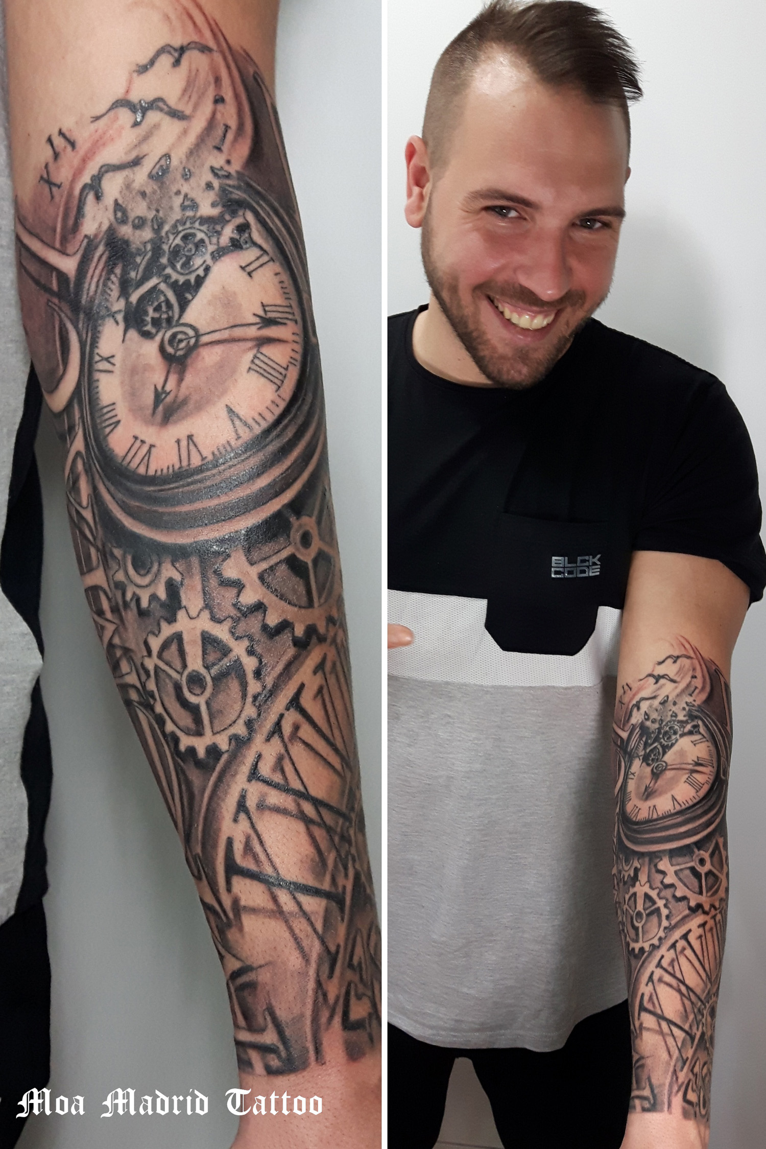 Un reloj rodeado de números romanos en este tattoo de codo a muñeca