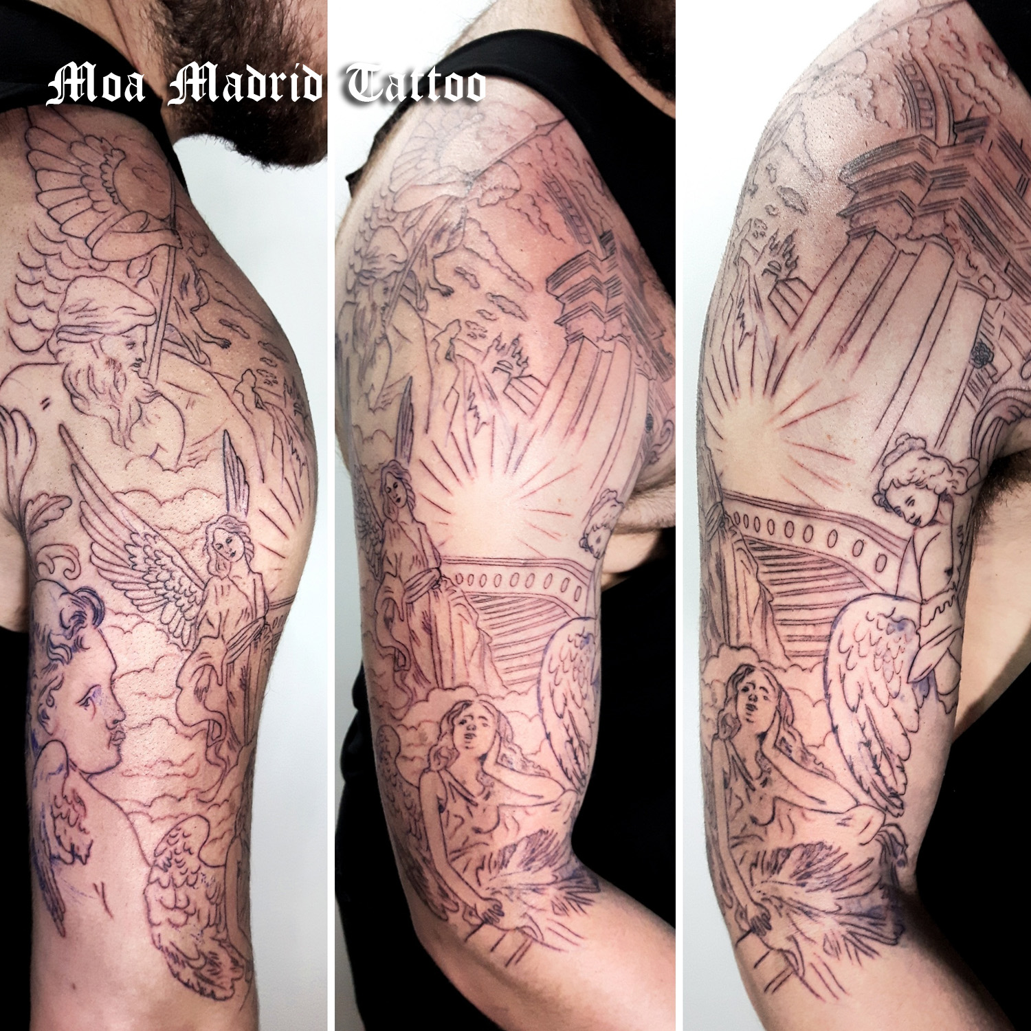 Diseño de brazo entero tatuado de esculturas