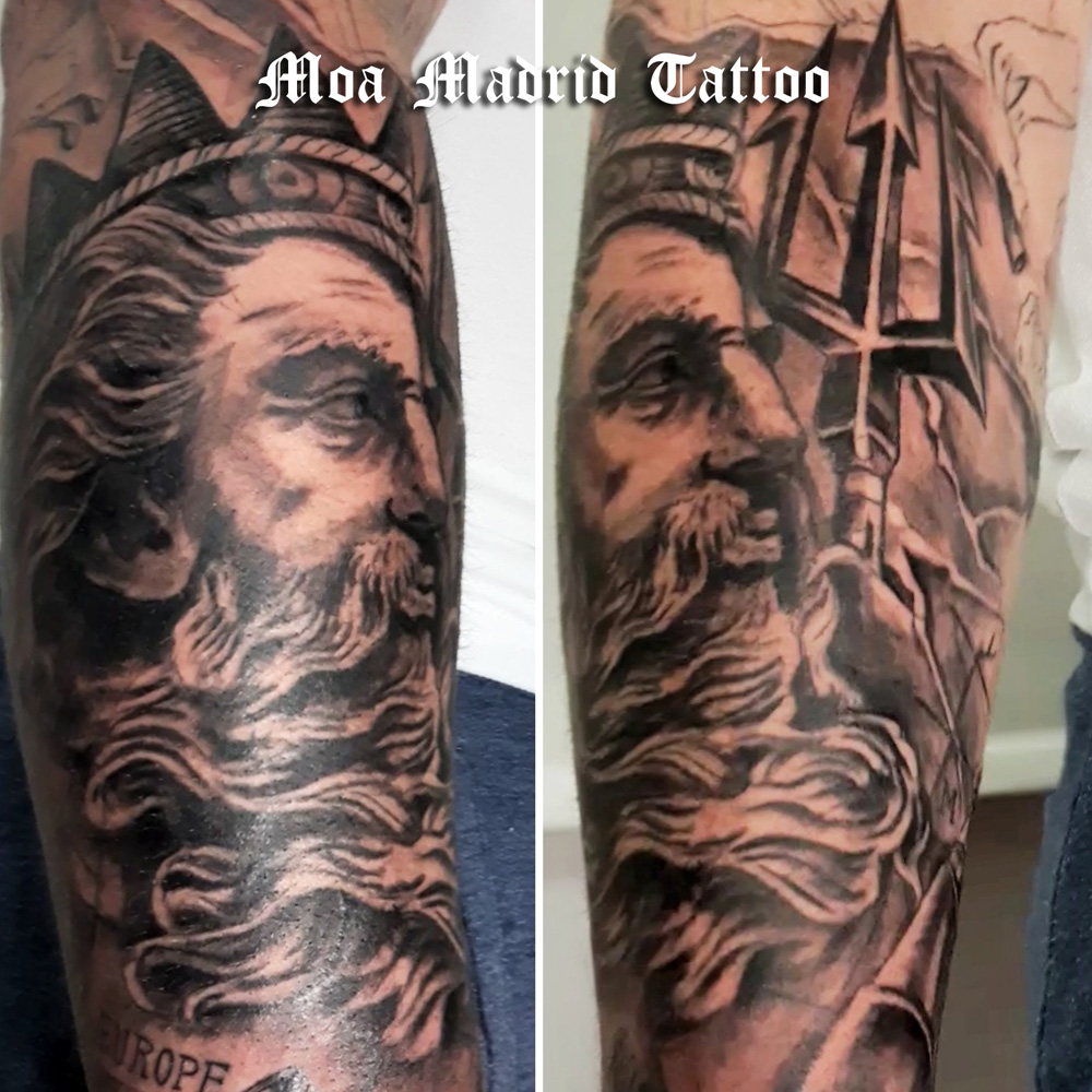 Tatuaje dios Neptuno Atlético de Madrid en antebrazo