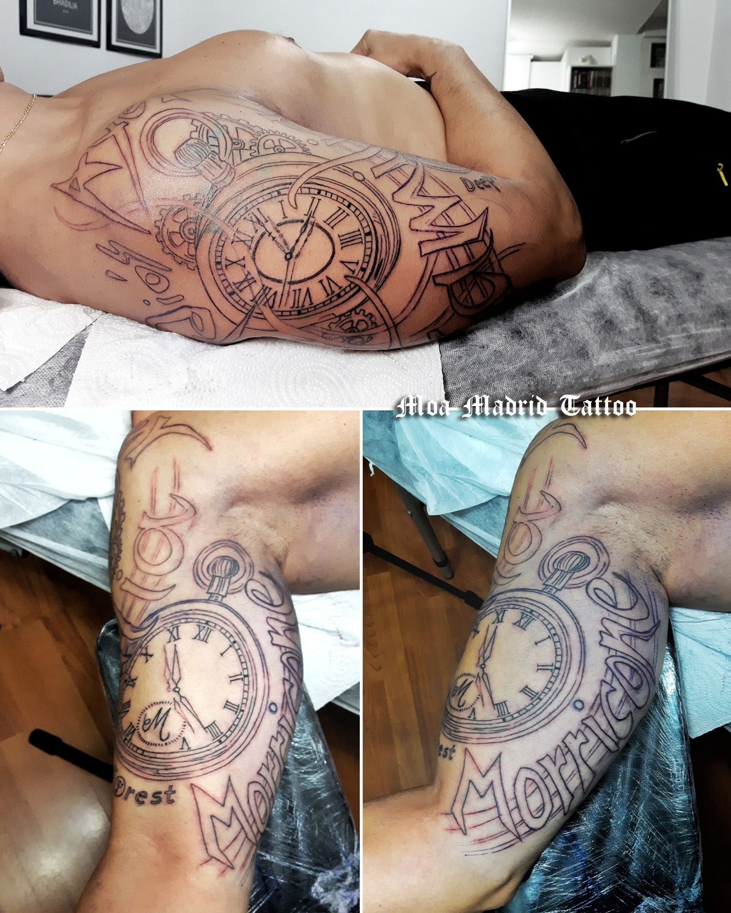 Sesiones de líneas del tatuaje en realismo con relojes y textos en 3D