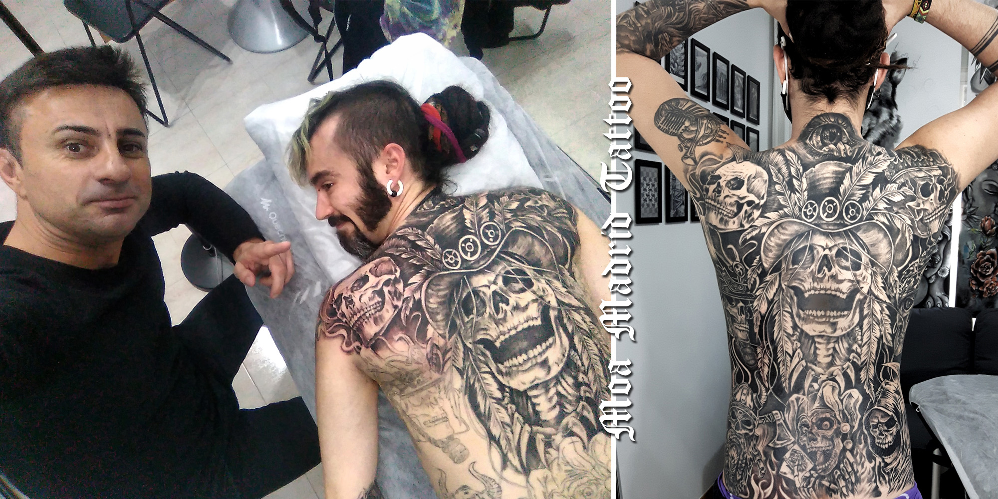 Espalda entera tatuada con calaveras