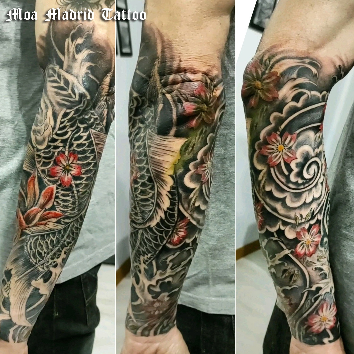 Tatuaje oriental con carpa koi, remolinos de agua y flores rodeando el antebrazo