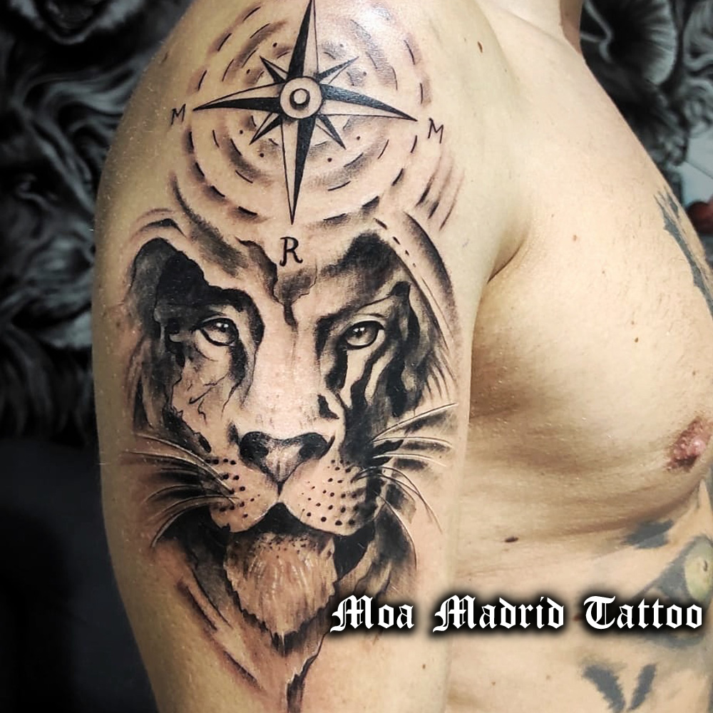 Elegante tatuaje en realismo en el brazo con león y rosa de los vientos
