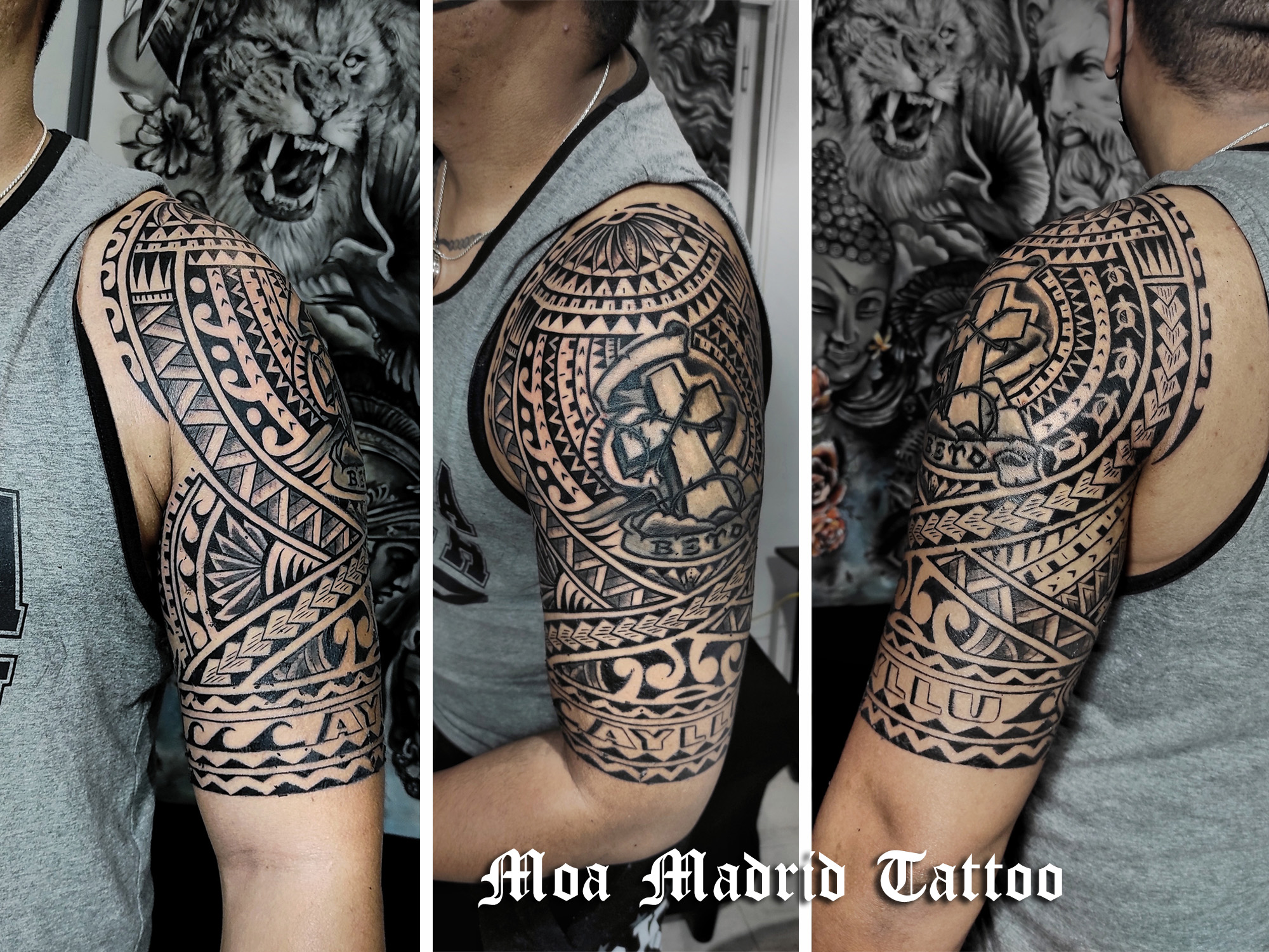 Nuevo maorí rodeando el brazo y su anterior tatuaje de Cruz que quería conservar