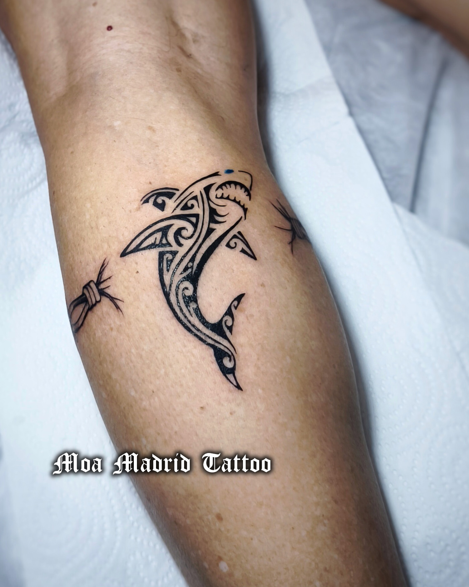 Tatuaje de tiburón maorí en el gemelo