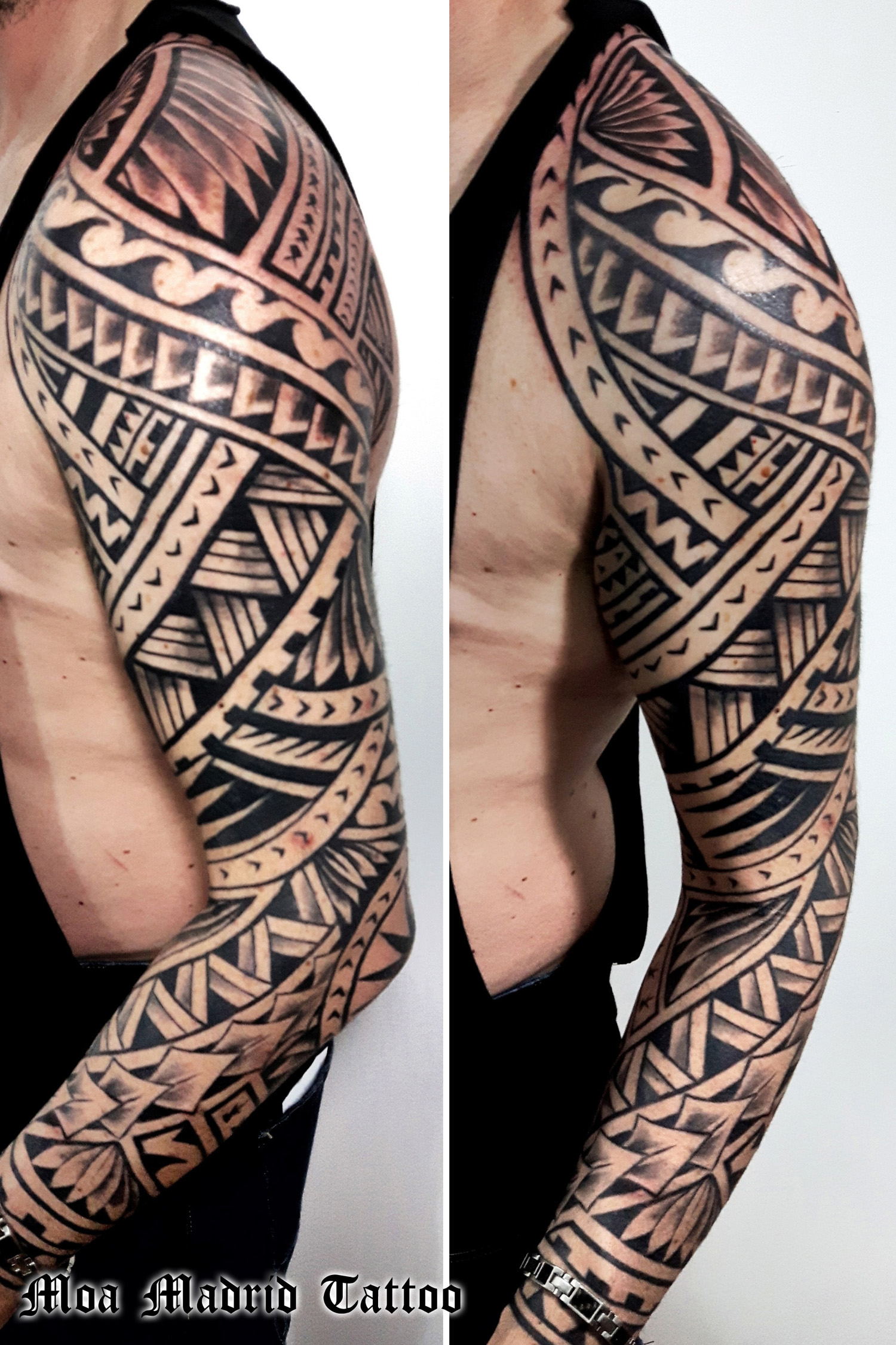 Brazo entero tatuado estilo maorí en Madrid | Moa Madrid Tattoo