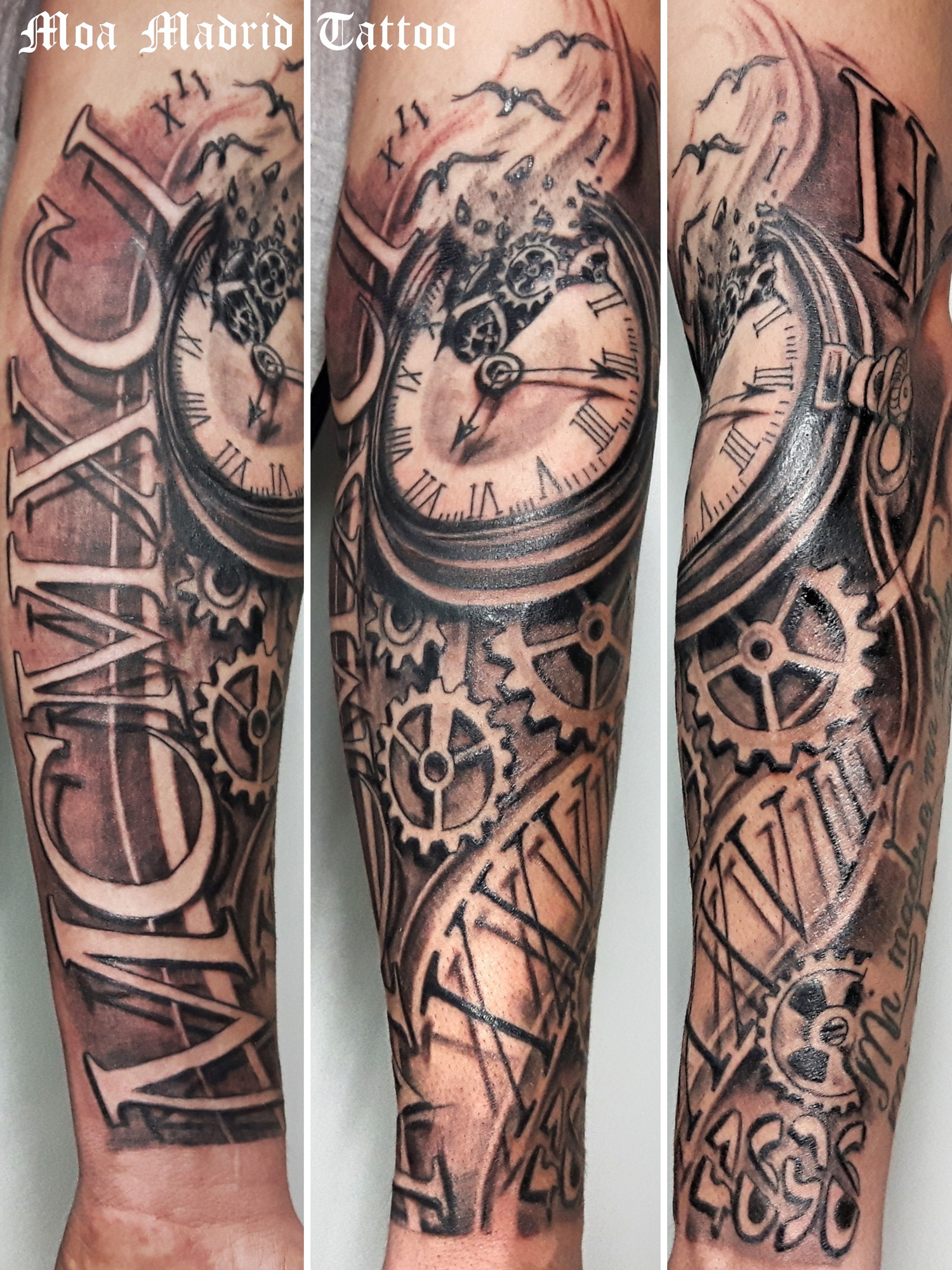 Tatuaje de reloj en el antebrazo con efectos 3D