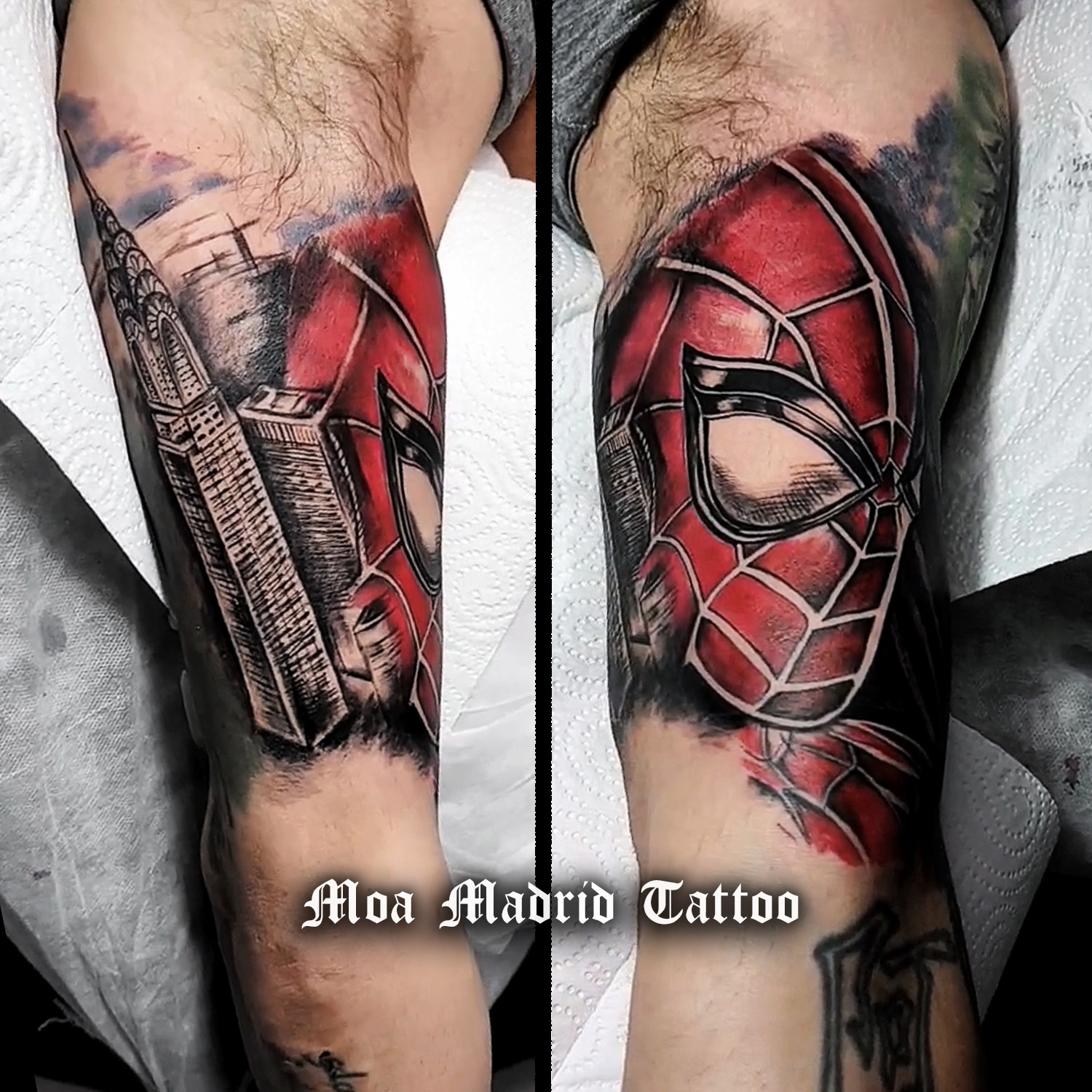 Tatuaje de Spider-Man a color con edificios de Nueva York hecho en Madrid